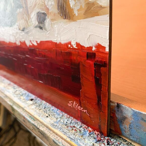 Original Oil Painting Landscape Christmas Golden Retriever Red Truck 8x10 Signed - Picture 3 of 6